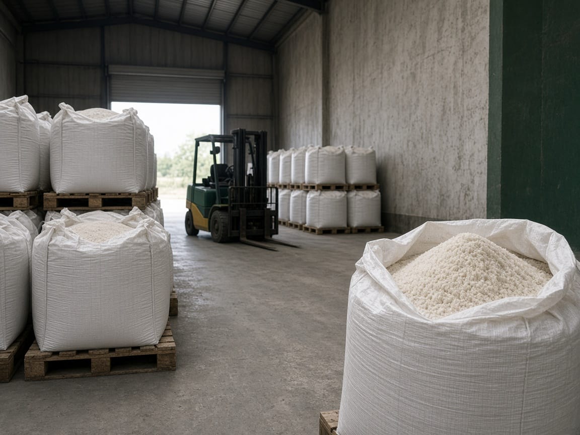 Raw material warehouse with big bags of mineral ingredients on pallets