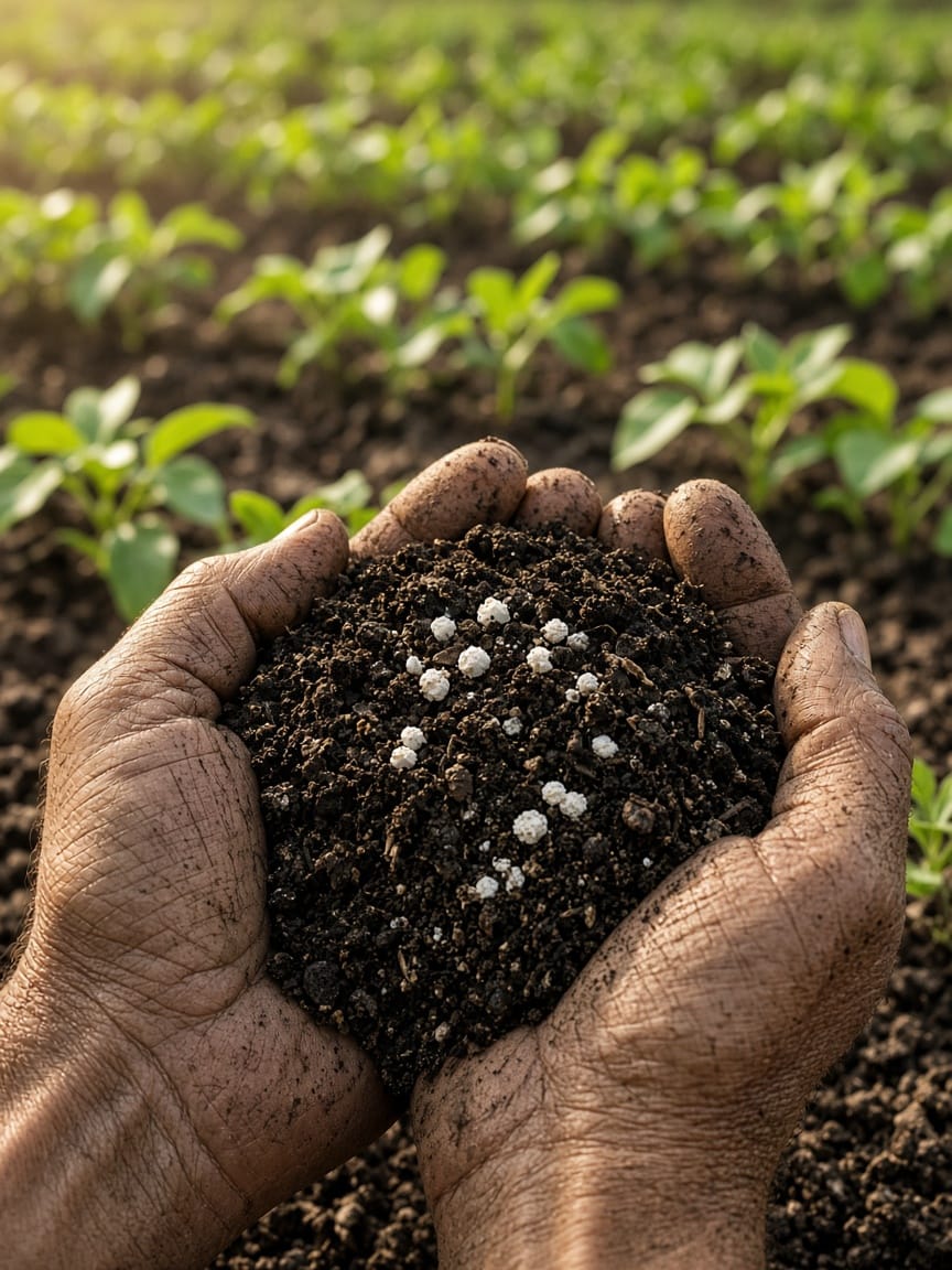 Hands holding finished compost mixed with recycled mineral granules above young crops